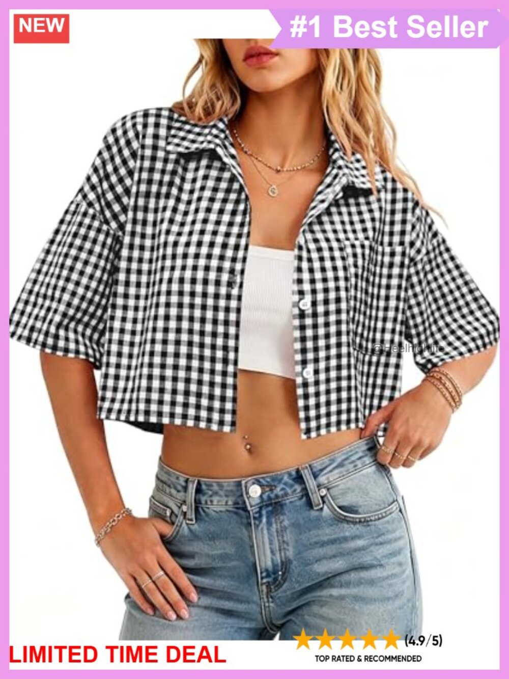 Women's Cotton Gingham Button Down Crop Shirt Short Sleeve